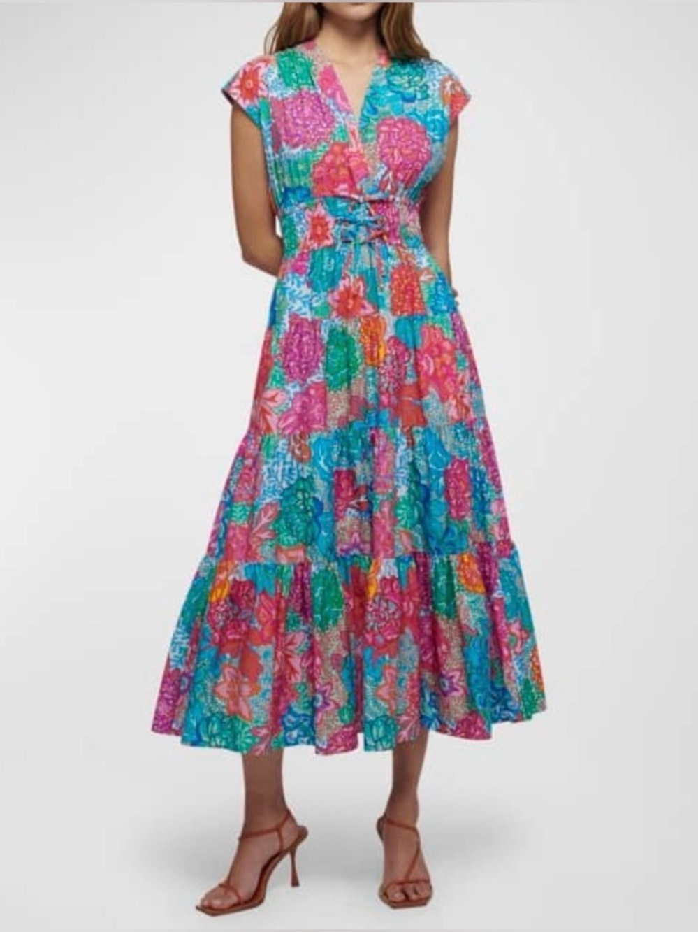 Derek Lam 10 Crosby Fatima Floral Tiered A-Line Midi Dress Blue Multi Size 14
